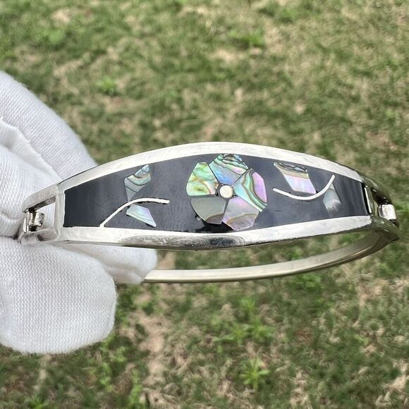 Vintage Alpaca‎ Mexico Women's Bracelet Abalone Shell Floral Silver Tone Signed - Picture 13 of 16